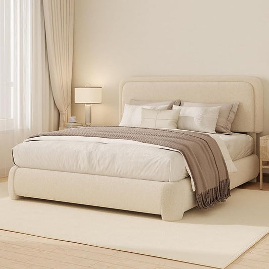Queen Boucle Platform Bed Frame with Height Adjustable Headboard, Modern Upholstered Cloud Bed, Sleek Curved Design, No Box Spring Needed, Noise Free, Easy Assembly, Beige