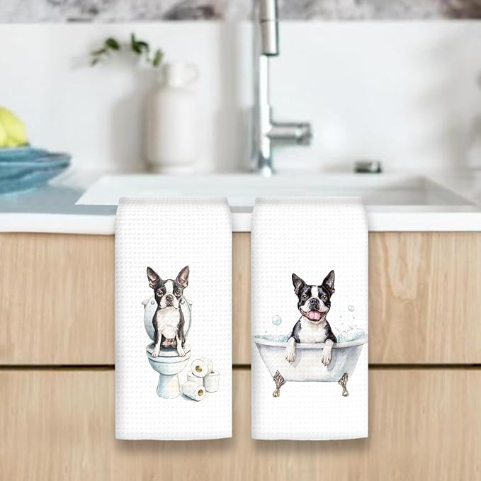 Funny Boston Terrier Dog Hand Towels Set of 2, Gifts for Boston Terrier Dog Owners Lovers, Puppy Pet Decor for Bathroom, Pet Lovers Gifts Toilet Hand Towels for Bathroom Washroom, 16x24In