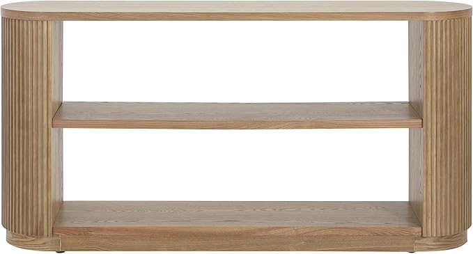 Modern Curved Console Table for Entryway, Farmhouse Solid Wood Fluted Sofa Table with Open Shelf & Elegant Wood Grain, Oval Long Foyer Table for Entry Way Hallway Living Room-58.9" Natural