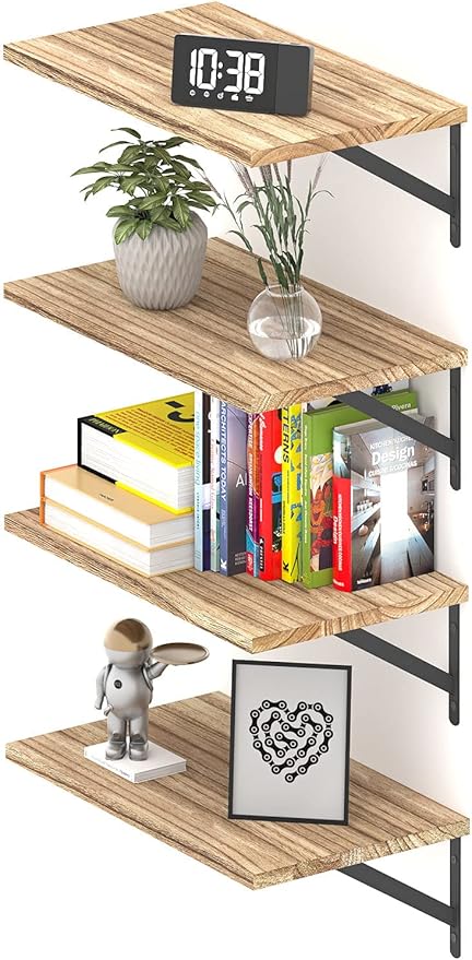 Deep Floating Shelves 10" D x 16.5" W Set of 4, Rustic Wood Wall Bookshelves for Living Room, Kitchen, Laundry Room, Bathroom, Bedroom, Books, Plants, and More (Natural Burned Finish)