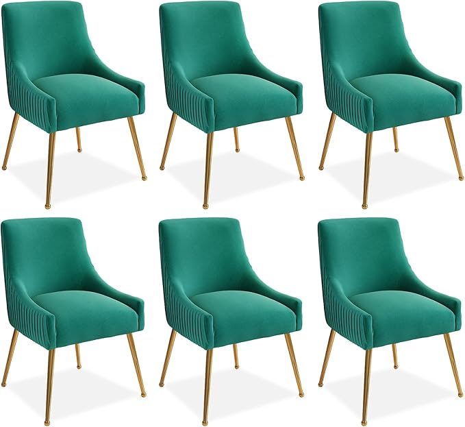 Dining Chairs, Accent Chairs Set of 6, Modern Upholstered Kitchen Dining Room Chairs with Gold Legs, Fabric Tufted Velvet Living Room Chairs for Reception Room Bedroom Guest Room (Deep Green)