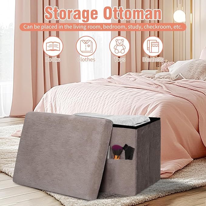 Ottoman with Storage, Folding Soft Fur Ottoman Foot Rest Stool with Thicker Furry Padded Seat. Small Storage Bench for Bedroom Living Room, Holds Up to 300 lbs, 17x13x13IN (Gray)