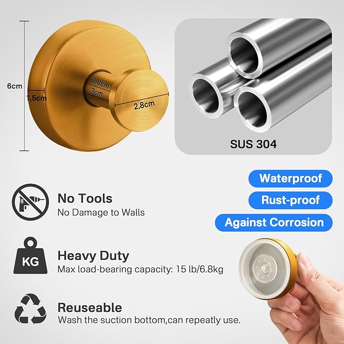 Suction Cup Hooks Stainless Steel Shower Hooks No Drill Towel Hooks Removable Wreath Hanger for Front Door, Bathroom Wall, Kitchen, Glass, Mirror (2 Pack)