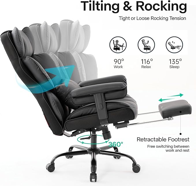 Big and Tall Office Chair 400lbs Wide Seat,High Back Gaming Chair with Foot Rest, Ergonomic Reclining Executive Office Chairs Lumbar Support,Leather Computer Chair Adjustable Arm(Black)
