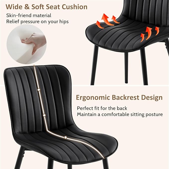 Modern Dining Chairs Set of 4, Heavy Duty Upholstered Side Chairs with Faux Leather, Comfortable Cushions & Durable Metal Legs with Adjustable Feet, Perfect for Kitchen, Dining Room (Black)