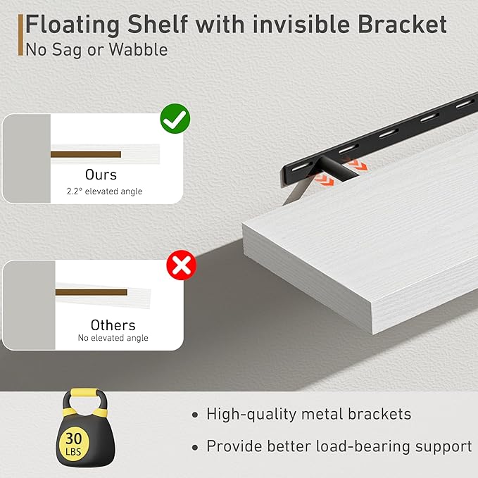 Fun Memories Deep Floating Shelves - 16" W x 9.3" D x 1.6" H Rustic White Wall Shelf - Wall Mounted Shelves for Storage - Wooden Shelves with Invisible Brackets for Living Room, Farmhouse - Set of 2