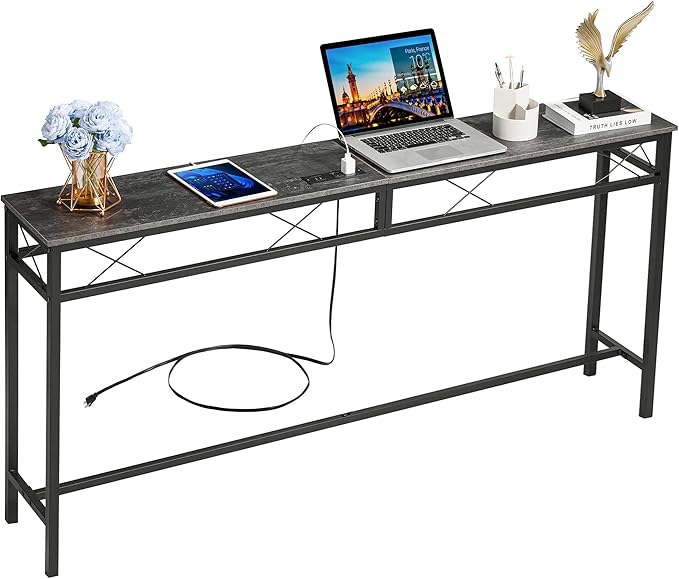 VECELO 71In Extra Long Narrow Sofa/Console Table with Charging Station & Power Outlet and USB Ports, for Entryway, Living Room, Office, Industrial, Dark Grey