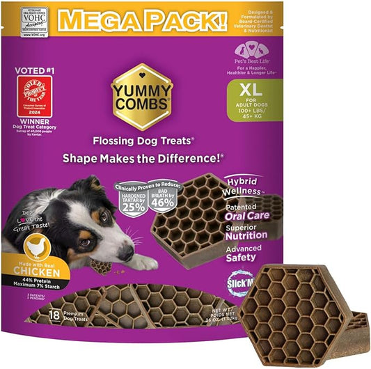Yummy Combs Dog Dental Treats – Vet VOHC Approved – Delicious Chicken Protein – Removes Tartar with Cleaning Comb Shape – Dental Dog Treats for Extra Large Dogs (36oz, 18 Count)