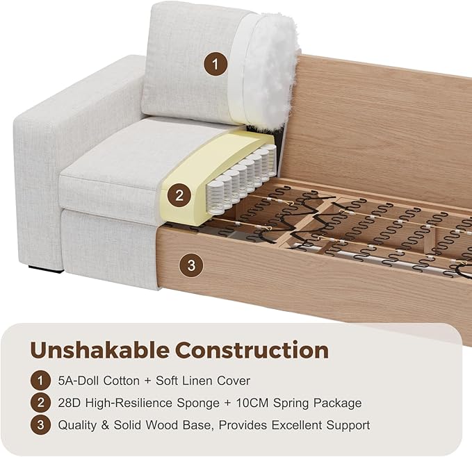 ABCASA 112" Modular Sectional Sofa, Large 7 Seater L Shaped Couch with Detachable Sofa Cover, Movable Ottoman, Deep Seat Corner Couch for Living Room, Apartment - Linen Fabric, Ivory