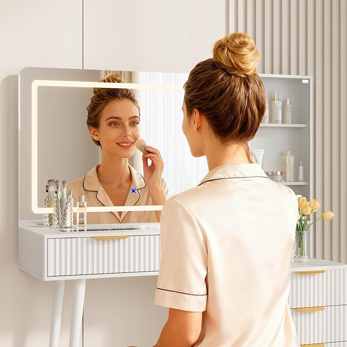 GarveeHome Fluted Makeup Vanity Desk with Lights, 48 in Big Vanity with Glass Top and Large 36" HD Lighted Mirror, Modern Dressing Table with 5 Drawers 3-Tier Shelves Set w/Charging Station (White)