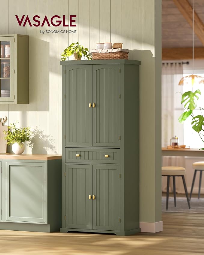 VASAGLE Pantry Cabinet, 15.7 x 30 x 71.7 Inches, Freestanding Tall Cupboard Storage Cabinet with a Drawer, 2 Cabinets, 6 Adjustable Shelves, for Living Room, Kitchen, Forest Green UBBK561C01