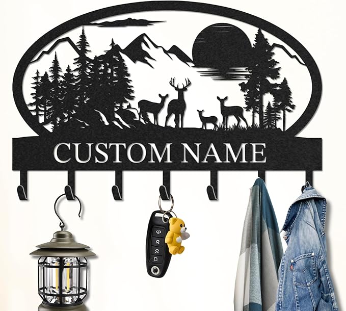 Personalized Key Holder for Wall, Custom Metal Deer Cabin Key Hooks with Name, Metal Jacket Holder Hooks Organizer Rack, Coat Hanger Decor for Kitchen, Entryway, Hallway, Office, Doorway