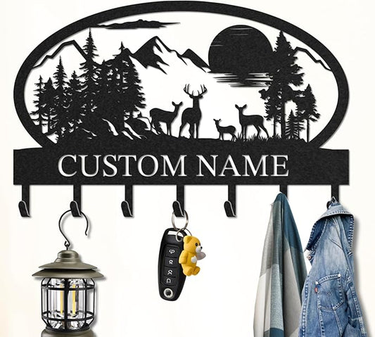 Personalized Key Holder for Wall, Custom Metal Deer Cabin Key Hooks with Name, Metal Jacket Holder Hooks Organizer Rack, Coat Hanger Decor for Kitchen, Entryway, Hallway, Office, Doorway