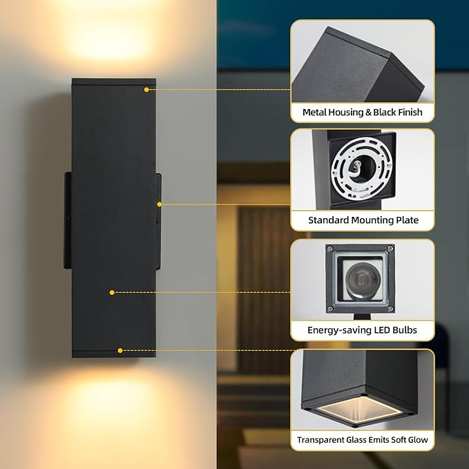 tewei LED Outdoor Wall Sconce Lights Modern Exterior Lighting Fixtures with 7W LED Bulbs, Matte Black Square Up and Down Outdoor Lights for House Front Porch Garage, Warm White 3000K, 6 Pack
