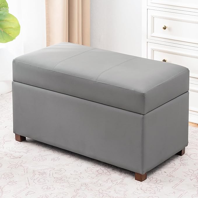 Joveco 32" Leather Storage Ottoman Bench, Rectangle Foot Rest Stool for Living Room, Bedroom, Entryway, Grey