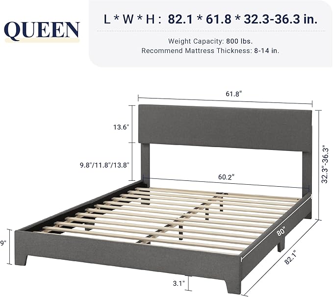 Allewie Queen Bed Frame with Adjustable Headboard, Upholstered Platform Bed with Wood Slats, Heavy Duty Mattress Foundation, No Box Spring Needed, Noise-Free, Easy Assembly, Dark Grey