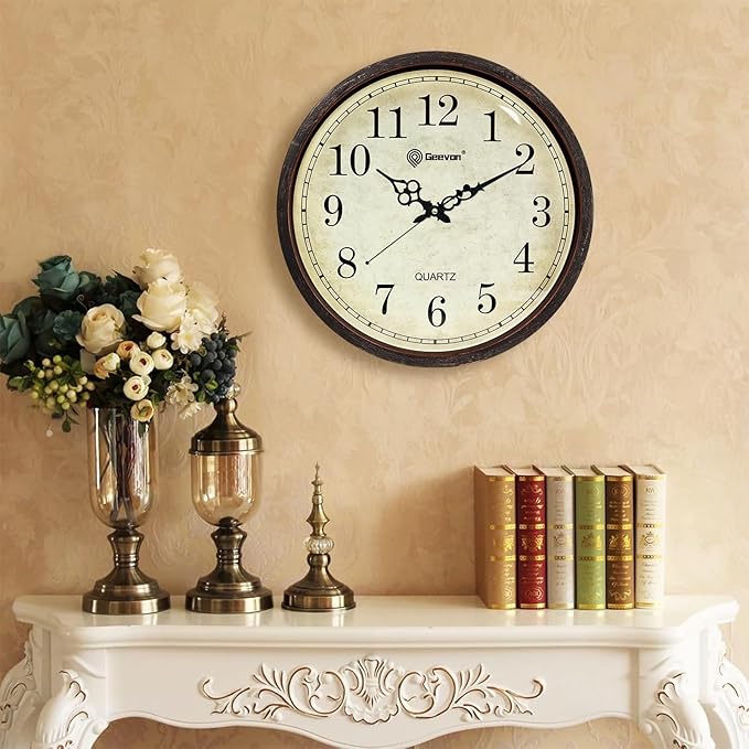Geevon Vintage Brown Wall Clock, Silent 16" Non Ticking Wall Clock Battery Operated Retro Rustic Style Round Clock Decorative for Kitchen,Classroom,Bedroom,Living Room Decor