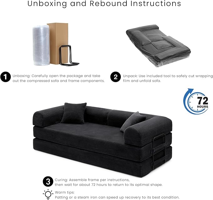 Compression Sofa - 79'' Convertible Sofa Bed, Boneless Couch in a Box, Modular Corduroy Foldable Sleeper Sofa with 2 Pillows, Loveseat Couches for Living Room (Corduroy Fabric, Black)