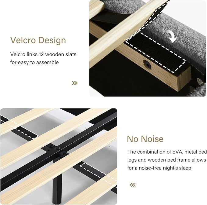 BarnFurin King Size Boucle Bed Frame and Headboard, Cloud Upholstered Platform Bed Frame, Modern Style, Soft Rounded Corners, No Box Spring Required, Easy Assembly, Light Grey