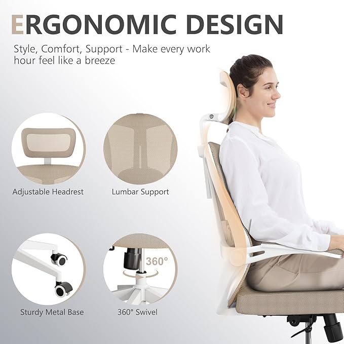 Office Chair,Ergonomic Comfy Home Desk Chair with 350LBS Capacity,High Back Gaming Chair with Wheels,Mesh Computer Chair,Lumbar Support, Adjustable Headrest,Flip-up Armrest