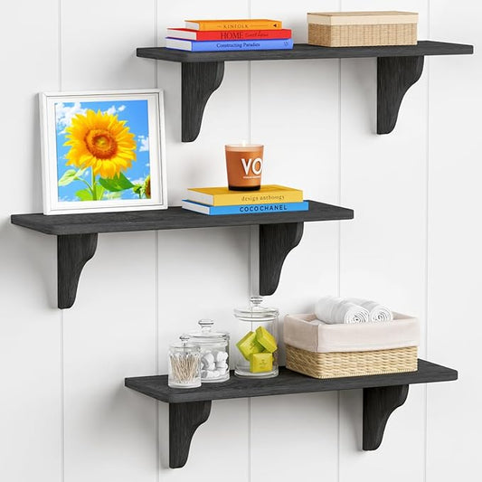 Forbena Wall Mounted Shelves for Bedroom 24 Inches Long, 8 Inch Deep Floating Shelves for Wall, Large Hanging Arched Shelf for Kids Bathroom Living Room Office Decor Plants Books (3-Pack, Black)