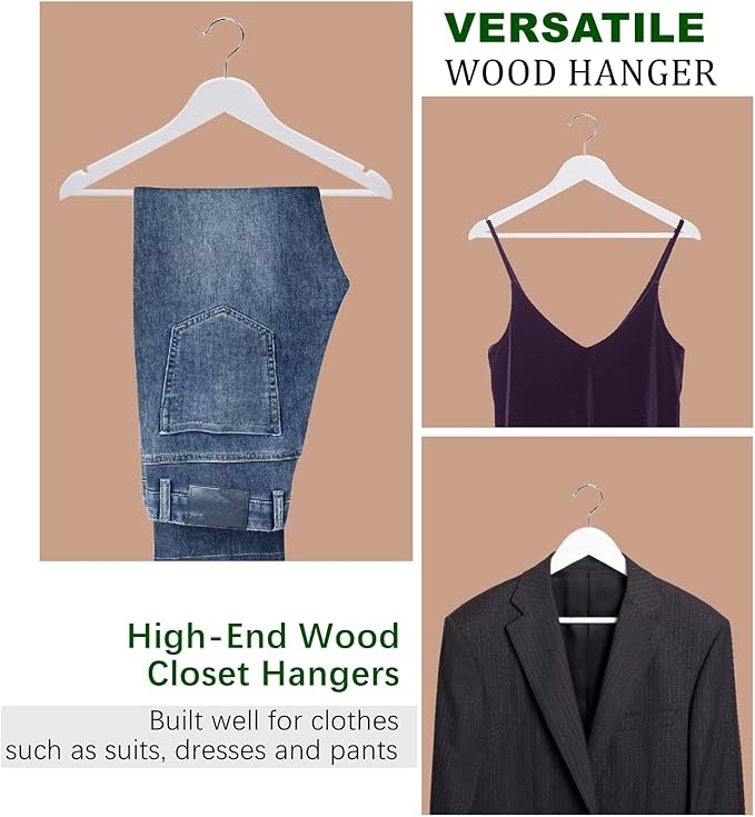 Amber Home 20 Pack Wooden Hangers with Non Slip Pant Bar - White Wood Coat Hangers for Shirts, Jackets, Dress