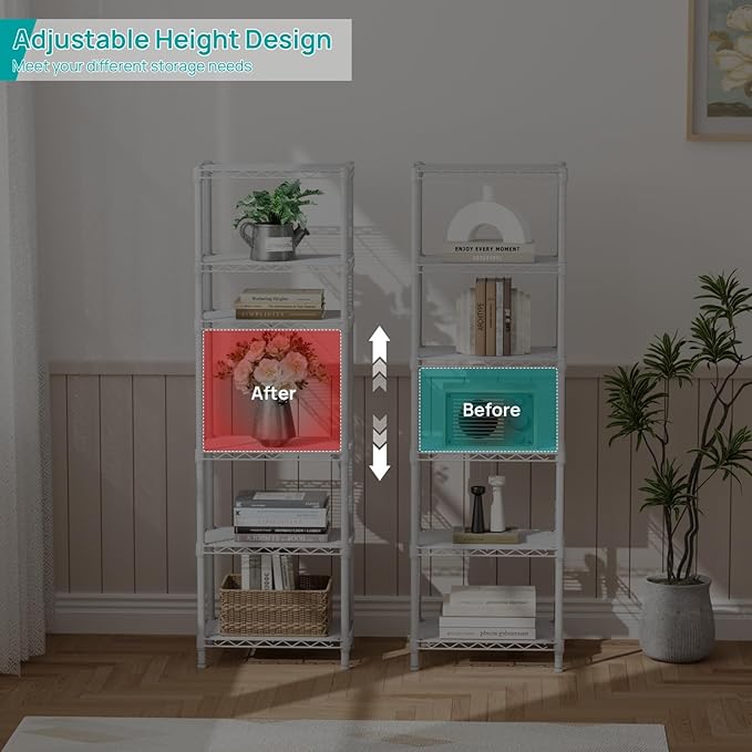 SINGAYE 6 Shelves Storage Shelf Wire Closet Bathroom Organizers Metal Pantry Kitchen Small Garage Shelving Unit Laundry Room Organization Home Corner Rack Estantes para Cocina White 10" Dx16 Wx60”H