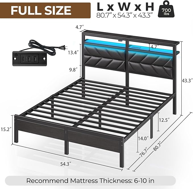 Seventable Bed Frame Full Size with Charging Station, LED Bed with Upholstered Storage Headboard, Metal Platform Bed with Under Bed Storage, No Box Spring Needed, Noise Free, Easy Assembly, Black