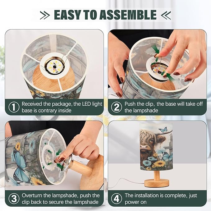 Highland Cows Daisy Wooden Vintage LED Table Lamp for Bedroom Bedside Lamp with USB Charging Ports Decor Nightstand for Living Room Reading Dorm Desk Home Office