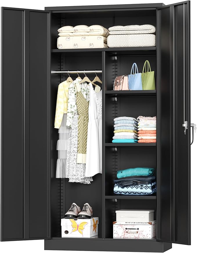 INTERGREAT Metal Wardrobe Closet, 72" Black Locking Storage Wardrobe Cabinet with Locking Doors and Adjustable Shelves, 18" D x 36" W Tall Steel Clothes Storage for Office, Home, School, Gym