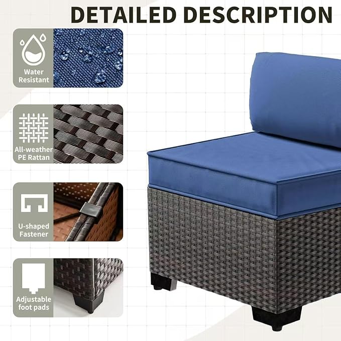 Gotland 8 Pieces Patio Furniture Set with Fire Pit Table, All Weather Rattan Outdoor Furniture with 29.5'' High Backrest 4’’ Thick Cushions Coffee Table, Outdoor Sectional for Porch, Deck, Navy