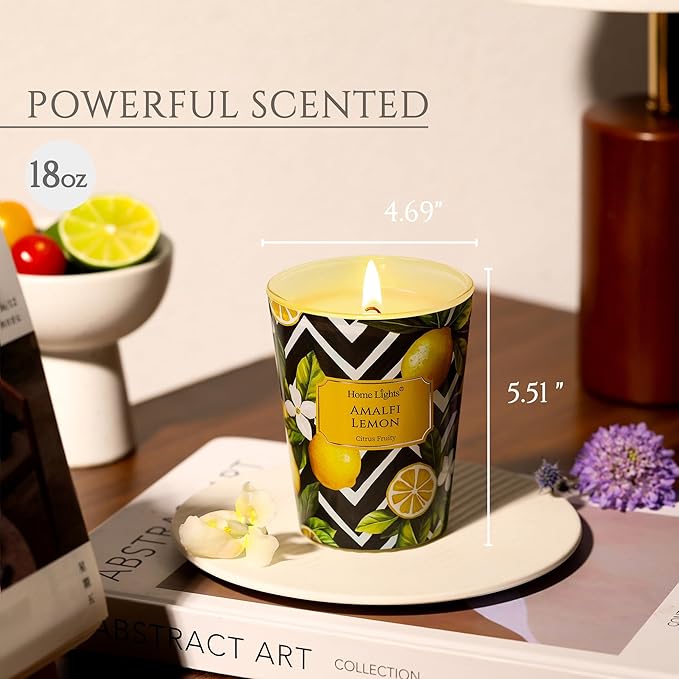 HomeLights Large jar Candle | 1-Wick Long-Lasting Scented Candles, 6.7oz Natural Soy Wax Candle for Home Scented, Eclectic Mixed Styles Gifts for Women & Men, Amalfi Lemon
