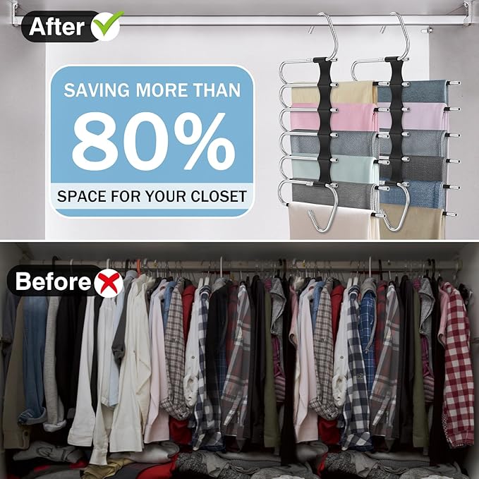 Upgrade 6 Layers Pants Hangers Space Saving, 2 Pack Stainless Steel Multifunctional Rack Non Slip S-Type Pant Closet Organizer Saver for Leggings Jeans Trousers Scarf, Black