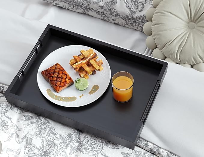 Bamboo Serving Tray with Metal Handles,17x12in Ottoman Decorative Trays Platter for Coffee Table,Living Room,Bar,Party,Large(Black)