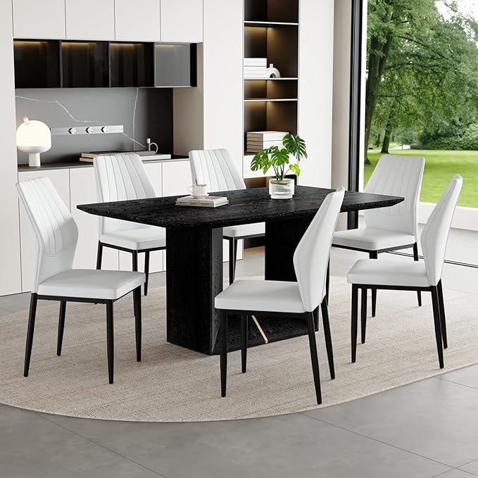63" Modern Black Dining Table Set for 6 with Chairs, 7 Piece Rectangular Dining Room Table and 6 PU Leather Chairs, Kitchen Dining Set with Matte Wood Finish, Geometric Base, Easy Assembly