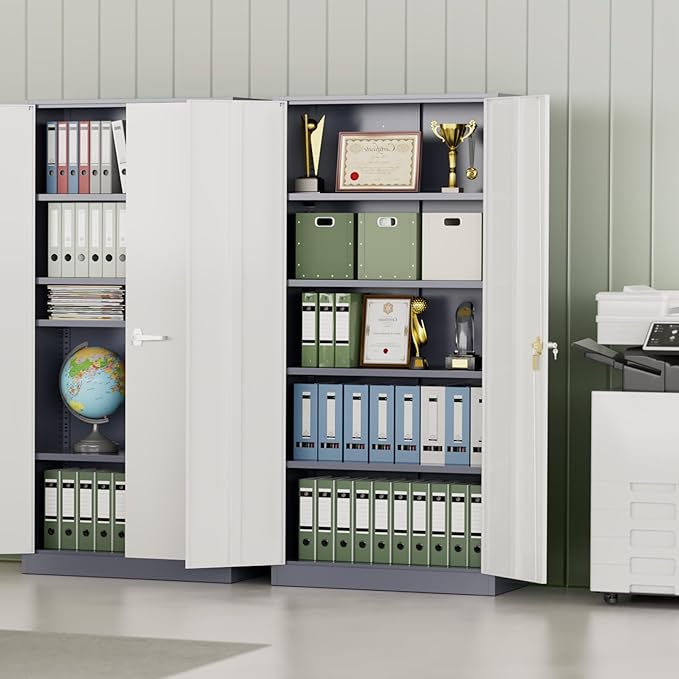 INTERGREAT Metal Storage Cabinet for Garage,72" Lockable Storage Cabinets with Doors and Adjustable Shelves,Steel Locking Cabinet for Garage,Office,Home,Gym,School (White Grey)