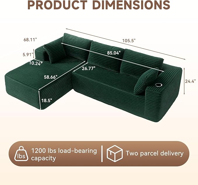 106" Cloud Couch Corduroy Modular Sectional Sofa L-Shape Boneless Couch with Wide Armrests and Cup Holders for Living Room Bedroom, No Assembly Required (Green)