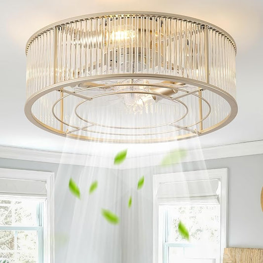 God Crystal Ceiling Fans with Lights, 20" God Mid-Century Ceiling Fan with Light Flush Mount, Modern with 6 Speeds, Remote Control for Bedroom, Nursery, Living Room