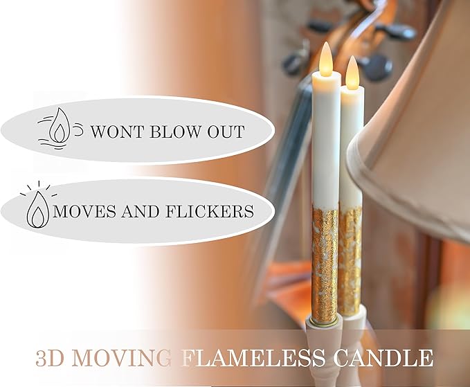 Flameless Taper Candles Flickering with Remote and Timer, 3D Moving Flame Taper Candle Battery Operated to 400 Hours, 9 Inch Window Candles, (Gold Leaf)