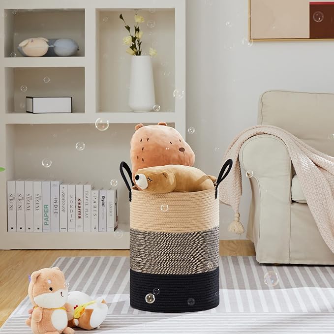 VIPOSCO Large Laundry Hamper, Tall Woven Rope Storage Basket for Blanket, Toys, Dirty Clothes in Living Room, Bathroom, Bedroom - 58L Brown & Black