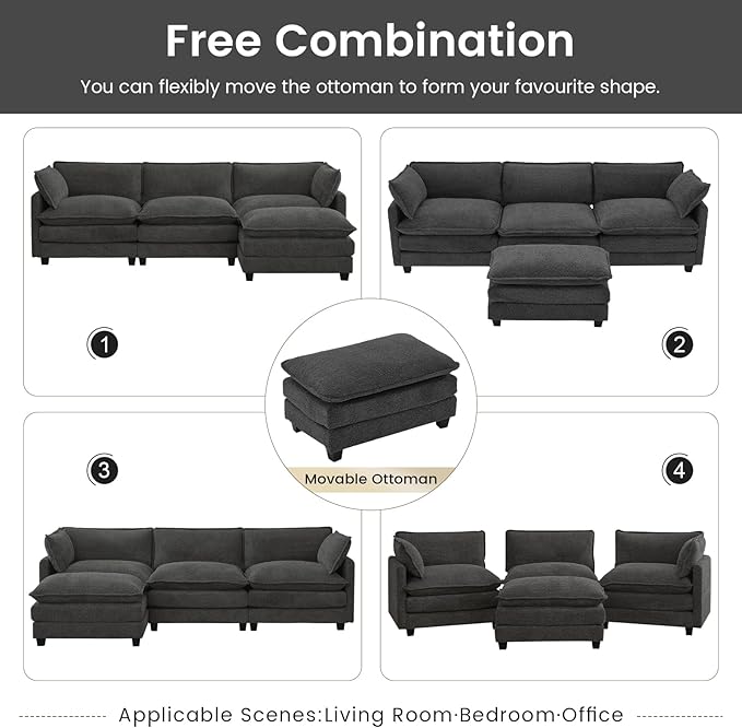 ROWHY Oversized Modular Sectional Couch with Movable Ottoman, 112" Modern Convertible L Shaped Sofa Set, 4 Seat Comfy Cloud Couch with 2 Throw Pillows, for Living Room, Chenille, Charcoal Grey