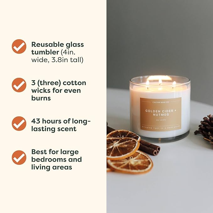 Calyan Wax Co. Golden Cider & Nutmeg 3 Wick Scented Candle - 43 Hour Burn - Luxury 3 Wick Soy Candles - Non Toxic Soy Wax Candles - Long Lasting Large Glass Jar Candle for Home - 14.9oz