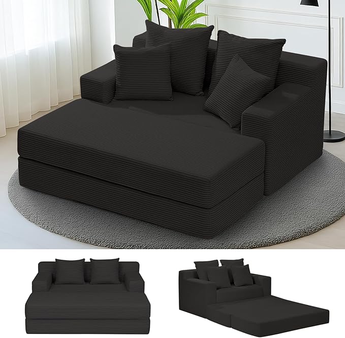 Convertible Futon Sofa Bed with Ottoman, 5 in 1 Folding Couch Bed Loveseat Sleeper, Corduroy Boneless Couch with Deep Seat for Living Room Chaise Lounge Chair Indoor, No Assembly Required, Black
