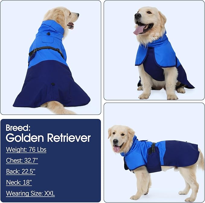 BRKURLEG Dog Raincoat Adjustable Dog Rain Jacket with Hood Dogs Waterproof Rainproof Jacket with Leash Hole Pet Poncho Rain Coat Poncho with Reflective Strip, Blue, S