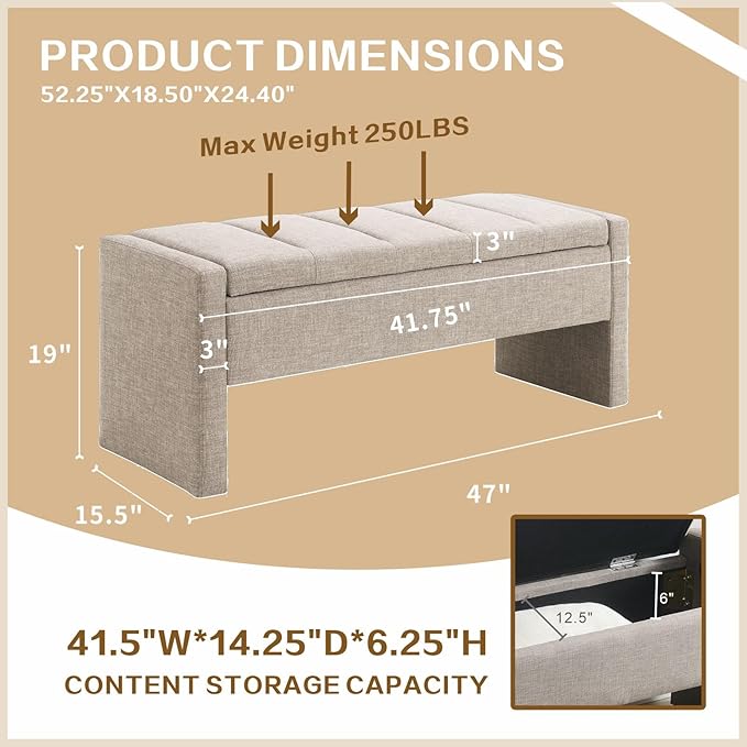 47.25'' Ottoman with Storage, End of Bed Storage Bench, Entryway Bench - Linen Upholstered Multi-Functional Footrest for Bedroom, Living Room, Dorm & Window Bench (Linen Grey Brown)