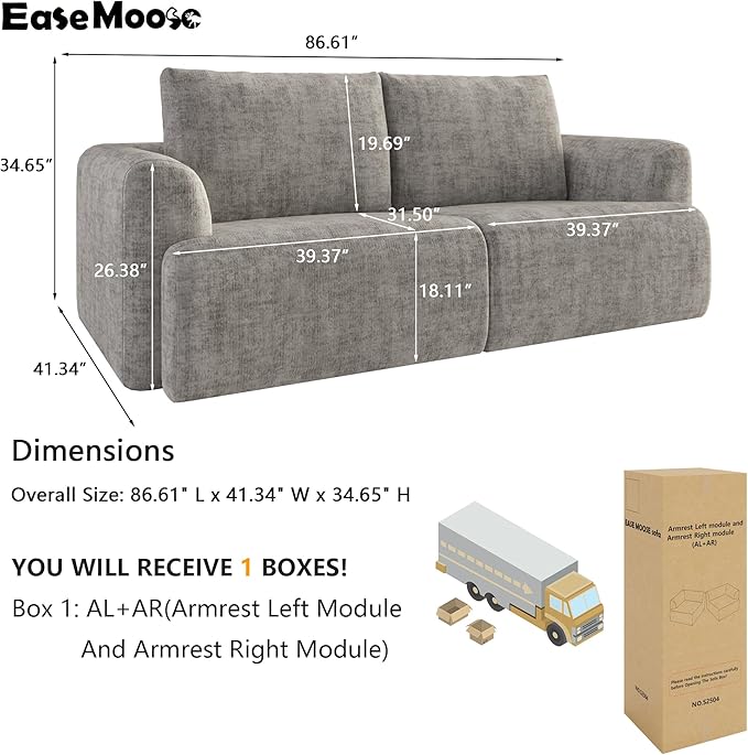 EASE MOOSE Boneless Couch for Living Room, Sectional Cloud Sofa, Modular Cloud Couch Loveseat, 2-Seater Deep Seat Sofas with Pillow for Bedroom, Apartment, No Assembly Required, Chenille (Light Grey)