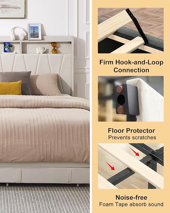 King Size Bed Frame, Velvet Upholstered LED Platform Bed with Headboard Storage, King Bed Frame Built-in Charging Station with 2 Drawers, Wood Slat Support, No Box Spring Needed, Beige