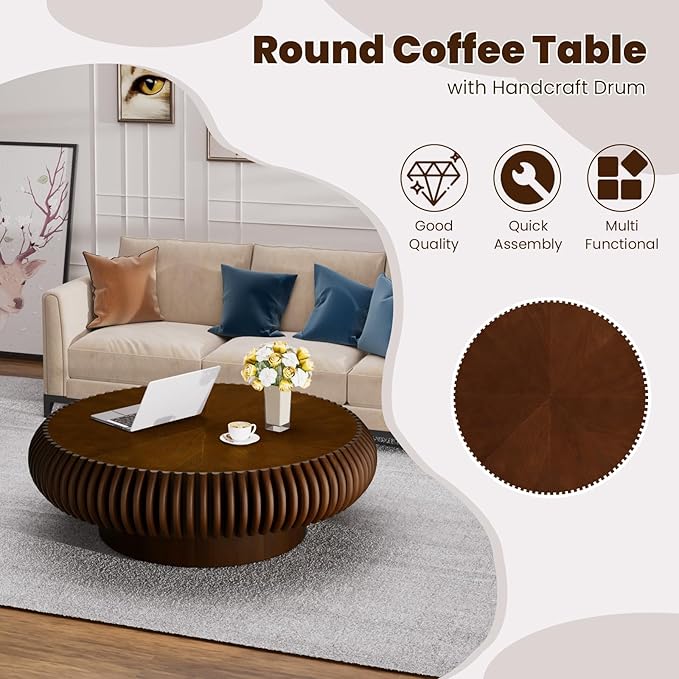 Round Drum Coffee Table for Living Room, Mid Century Modern Coffee Table with Sturdy Pedestal, Farmhouse Fluted Circle Center Table Accent Tea Table for Apartment (Large Walnut)