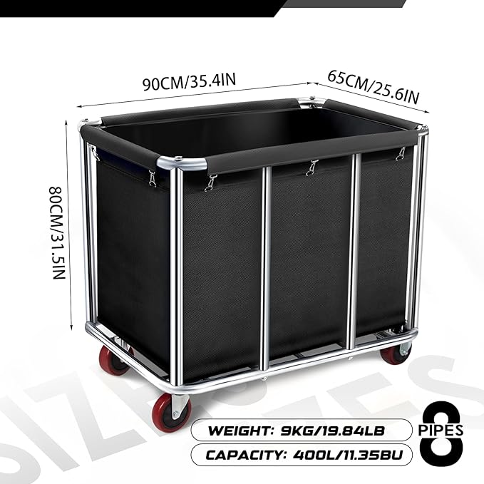 Commercial Laundry Cart with Wheels, 11.35 Bushel Large Laundry Tumbler with Removable Waterproof Canvas Lined Basket, Heavy Duty Stainless Steel Laundry Basket for Hotels and Hospitals
