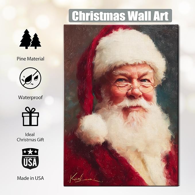 Vintage Santa Claus with Red Hat Portrait Christmas Canvas Wall Art - Victorian Style Framed Canvas Prints for Living Room & Bedroom, Classic Christmas Wall Decor, Christmas Gifts & Winter Decor